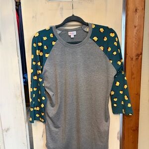 LuLaRoe Gray Tee with Green Floral Sleeves